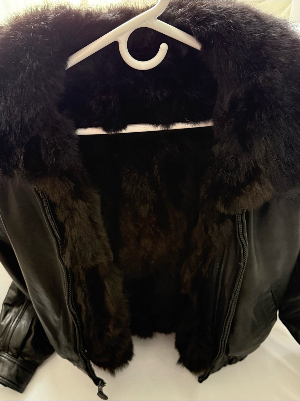 Andrew Marc Black Leather Bomber Jacket with Plush Fur Collar